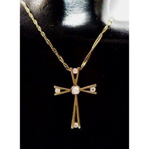 Solid 10K Yellow Gold Genuine Diamonds Accent Cross Pendant Necklace 20"